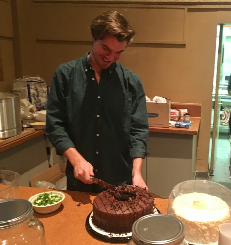 chocolate cake is cut for dessert